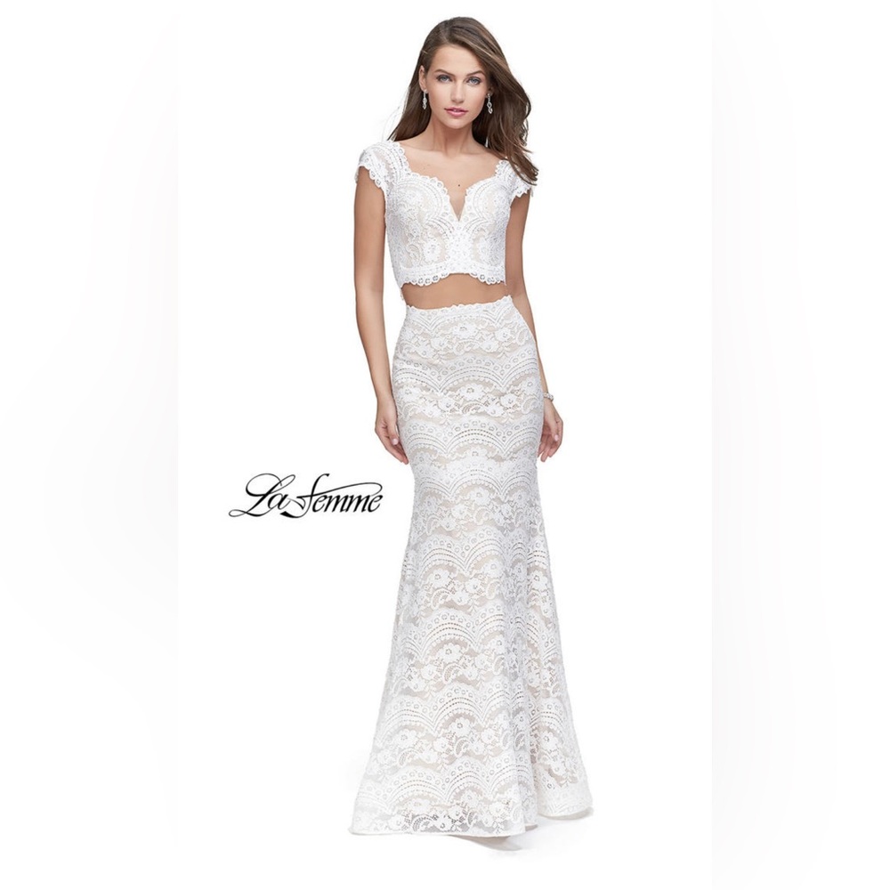 La Femme Two Piece Set - Prom, Bridal Event, special occasion-White Style 25918